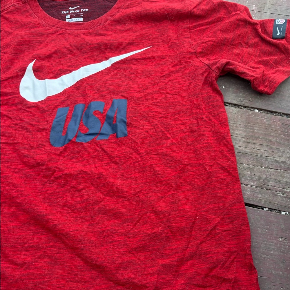 Nike Red Short Sleeve Tee with White Swoosh and Navy USA Graphic